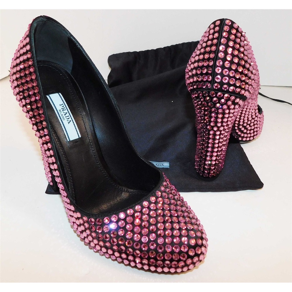 Prada Pink Rosa Crystal Glitter Jeweled Satin‎ Pumps Italy 36.5